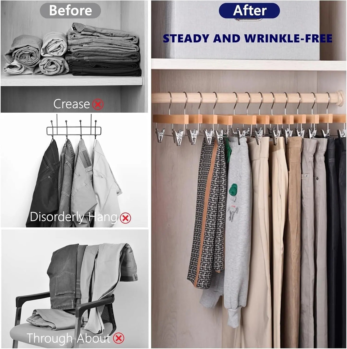 24 Pack Natural Wooden Pants Hangers with Clips, Wood Skirt Hangers Trouser Hangers for Jeans, Slacks, Shorts with 2-Adjustable Clips (Natural, 24 Pack)