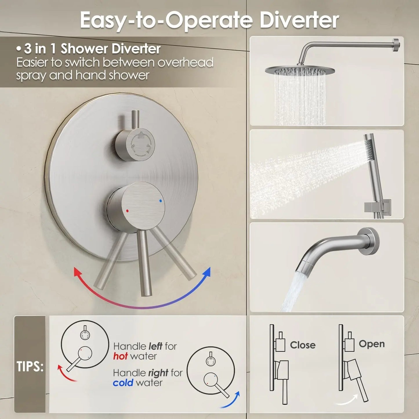 Bathtub Shower Faucet Set, Tub Shower System with 3-Way Shower Valve, High Pressure 10" Rain Shower Head with Handheld Spray Combo, Wall Mounted Rainfall Shower Head Set, Brushed Nickel