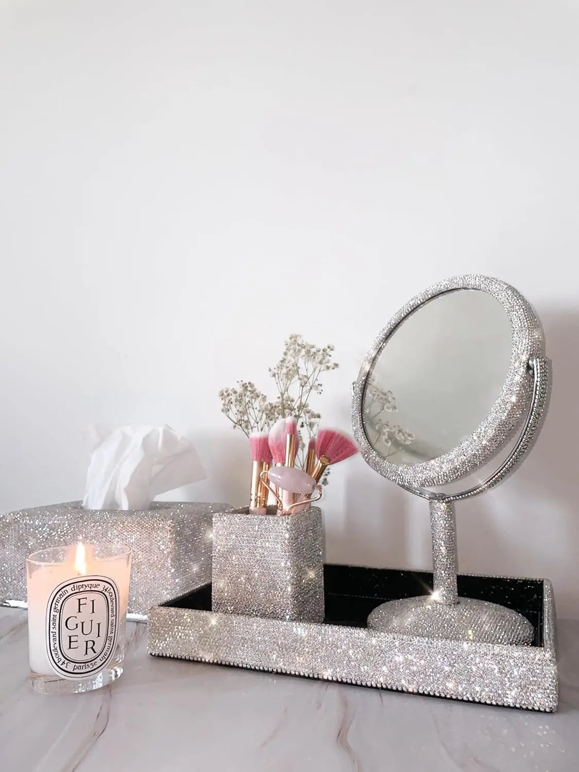 Bling Vanity Must-Have Essentials 4-Piece Set – Rhinestone Makeup Brush Holder, Magnifying Mirror, Jewelry Organizer Tray, Tissue Box Holder, Glamorous Desk Organizer for Luxury Home Decor