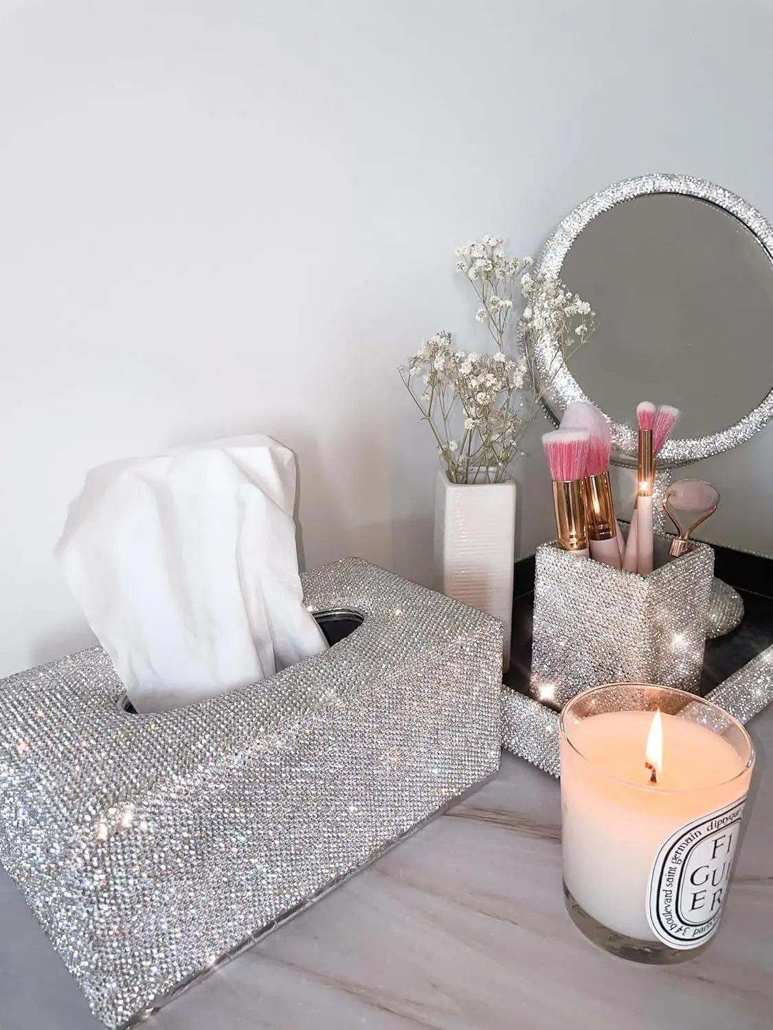 Bling Vanity Must-Have Essentials 4-Piece Set – Rhinestone Makeup Brush Holder, Magnifying Mirror, Jewelry Organizer Tray, Tissue Box Holder, Glamorous Desk Organizer for Luxury Home Decor