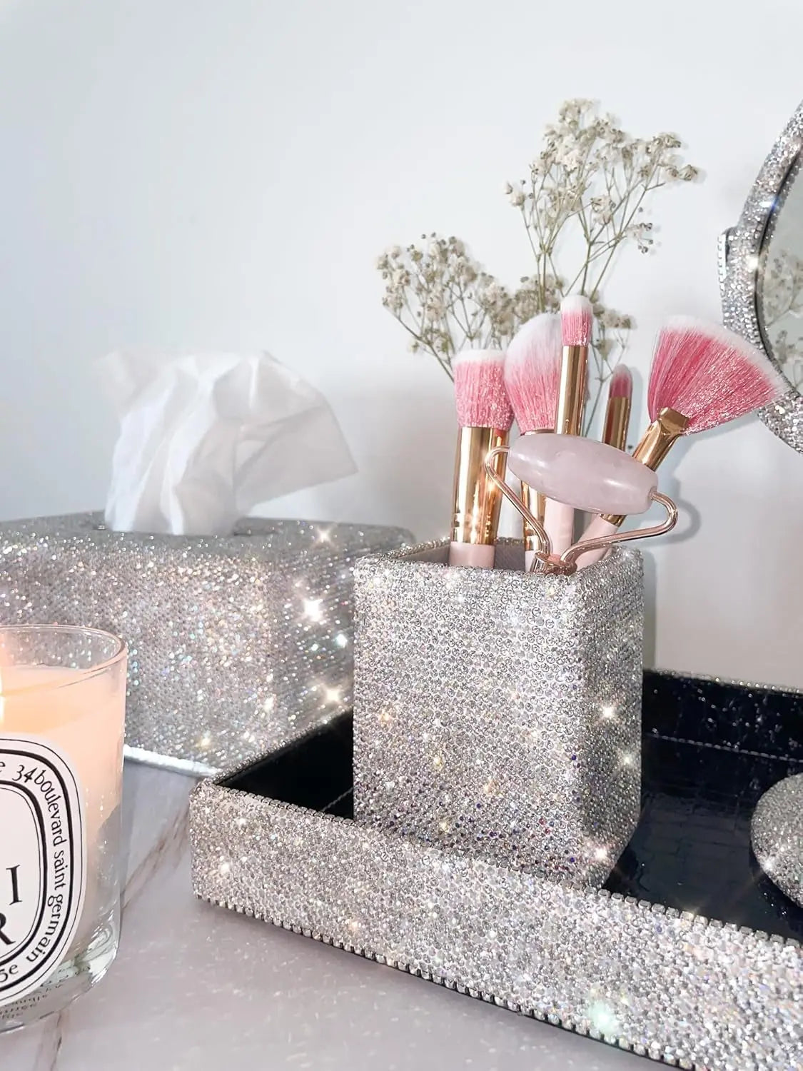 Bling Vanity Must-Have Essentials 4-Piece Set – Rhinestone Makeup Brush Holder, Magnifying Mirror, Jewelry Organizer Tray, Tissue Box Holder, Glamorous Desk Organizer for Luxury Home Decor