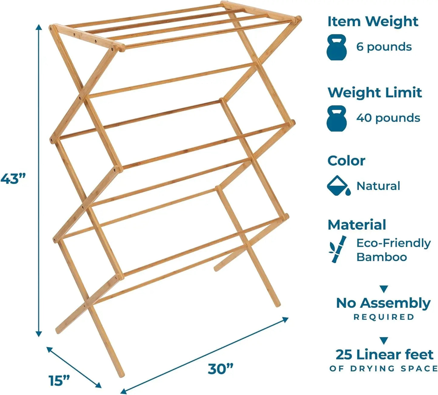 Collapsible Clothes Drying Rack, Bamboo, Natural, 40 Lbs