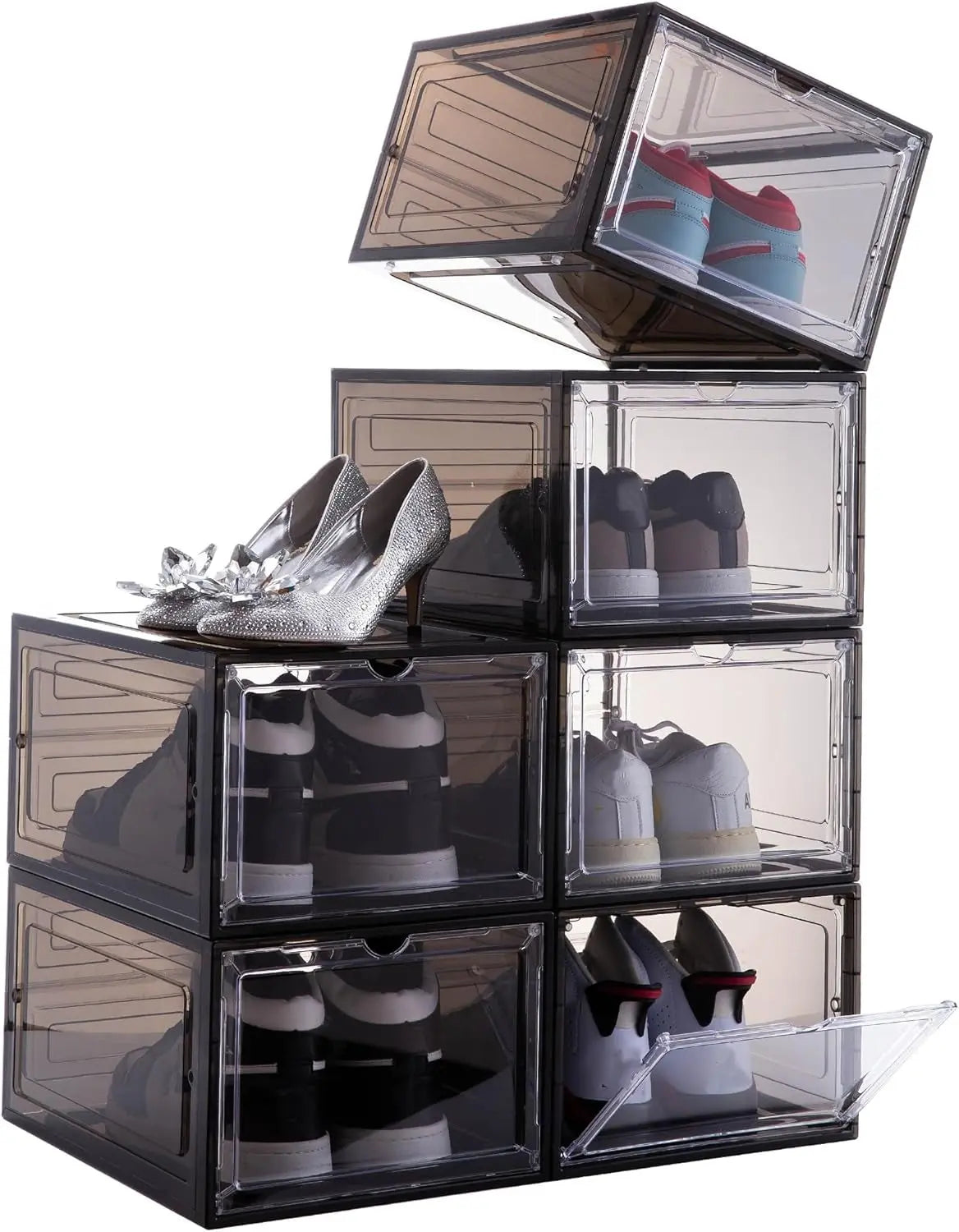 Drop Front Shoe Box,Set of 6,Stackable Plastic Box with Clear Door,As Storage and Box,For Display Sneakers,Easy Assembly,Fit up to US Size 12,Black
