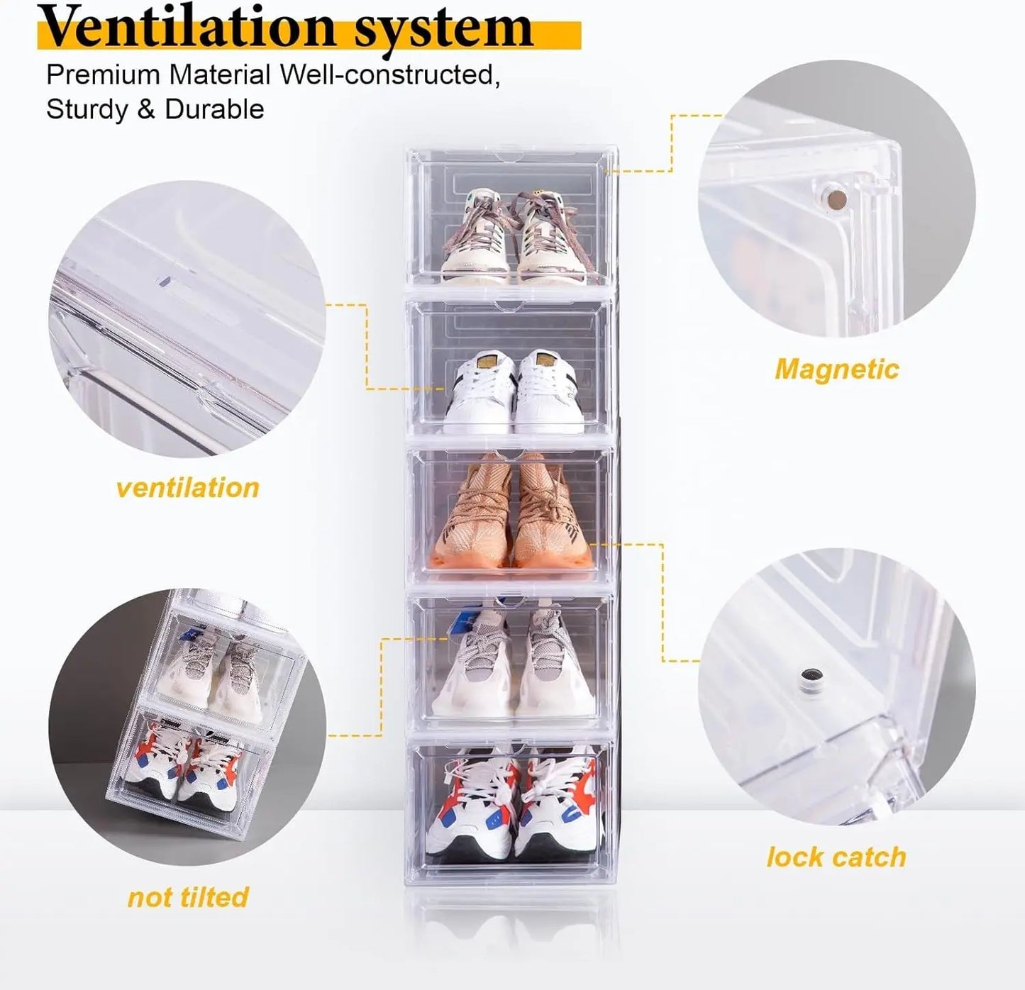 Drop Front Shoe Box,Set of 6,Stackable Plastic Box with Clear Door,As Storage and Box,For Display Sneakers,Easy Assembly,Fit up to US Size 12,Black