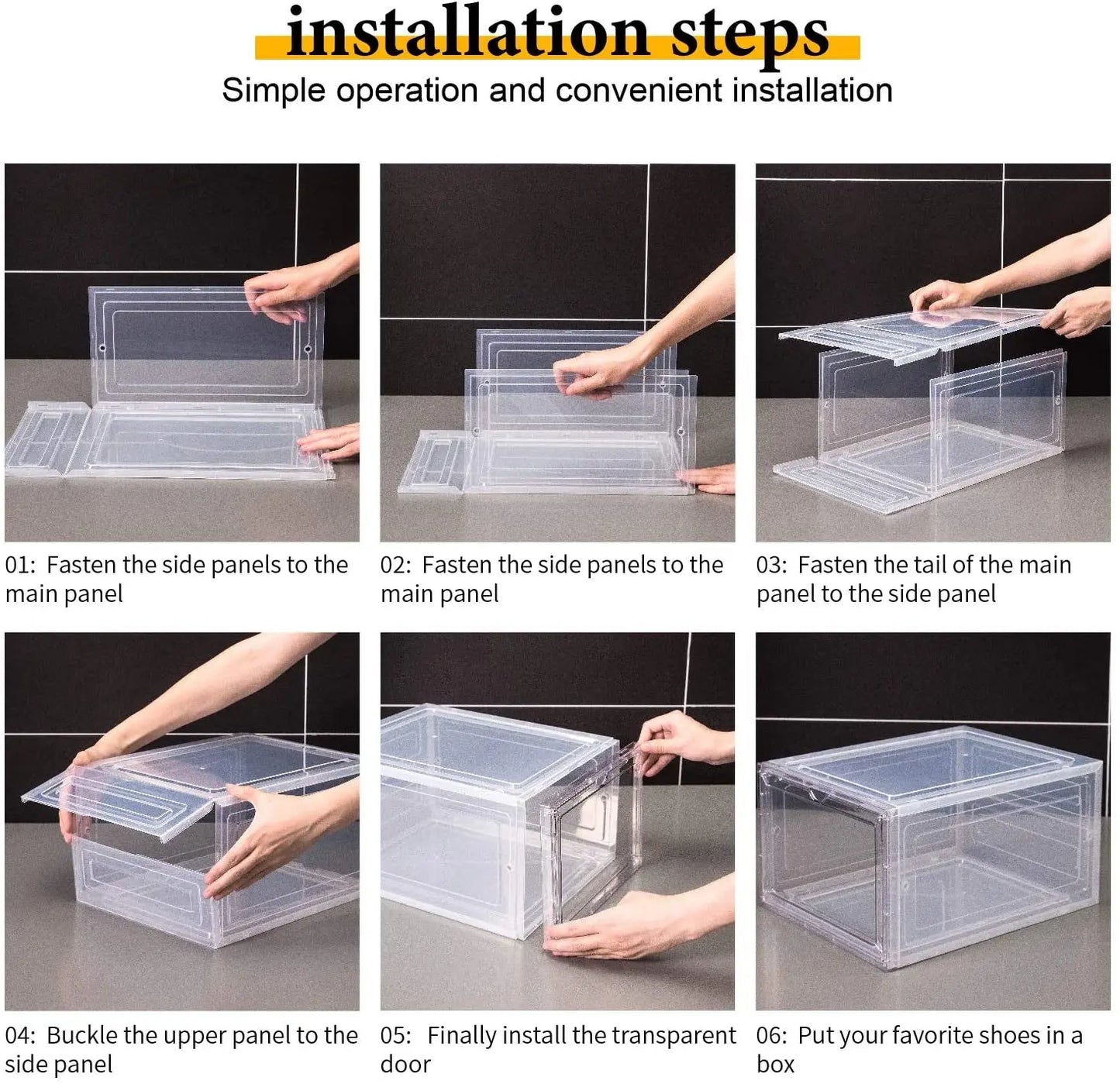 Drop Front Shoe Box,Set of 6,Stackable Plastic Box with Clear Door,As Storage and Box,For Display Sneakers,Easy Assembly,Fit up to US Size 12,Black
