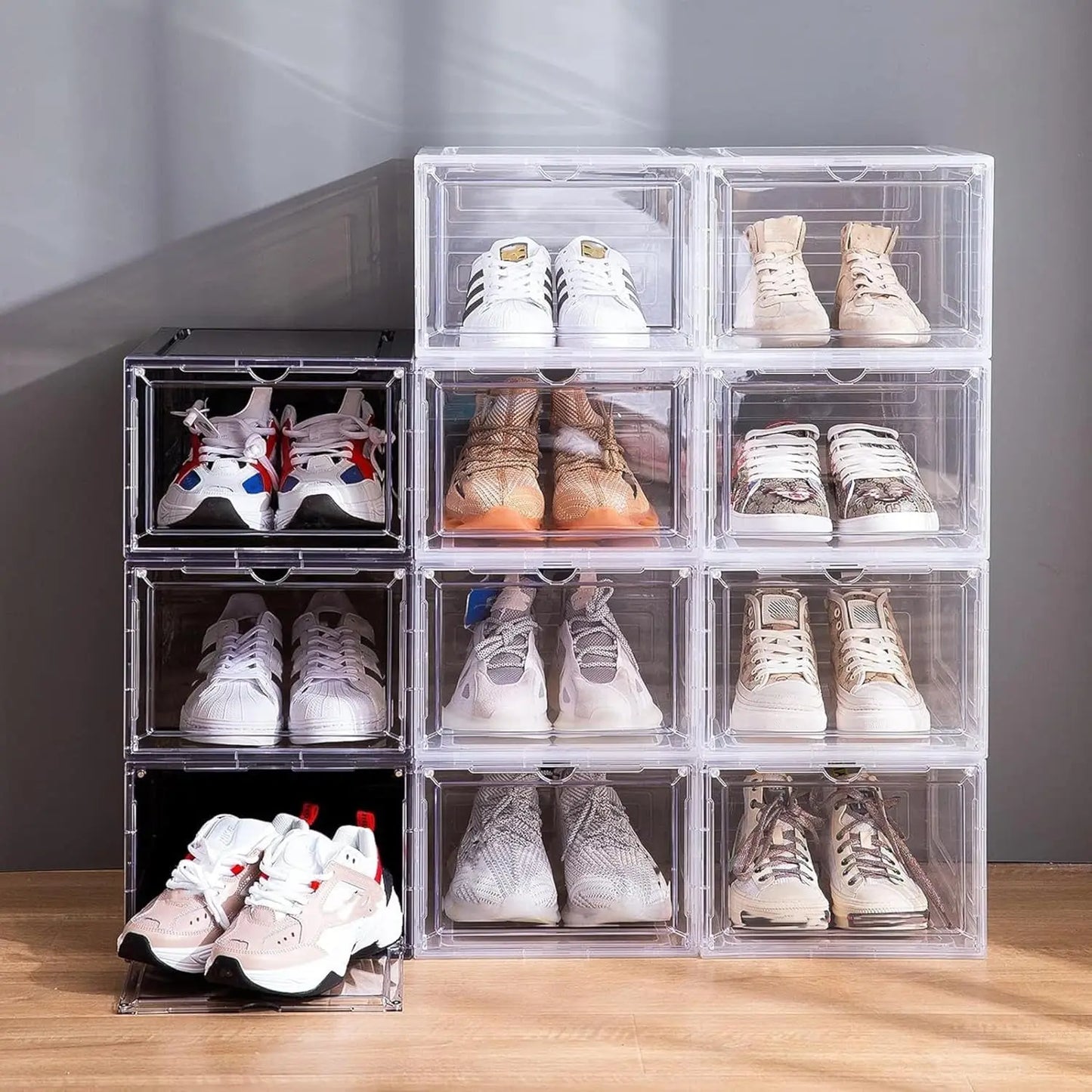 Drop Front Shoe Box,Set of 6,Stackable Plastic Box with Clear Door,As Storage and Box,For Display Sneakers,Easy Assembly,Fit up to US Size 12,Black