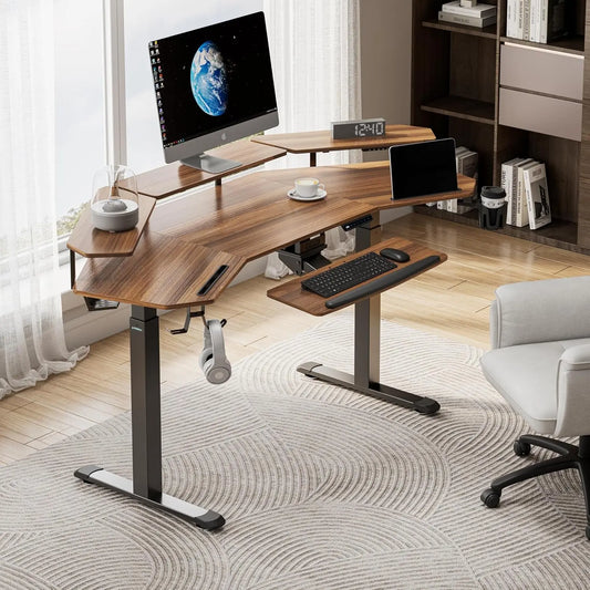 Standing Desk Adjustable Height, Computer Desk W Keyboard Tray 72" Gaming Music Studio Desk LED Monitor Stand,Dual Motor,Slot Design,Walnut