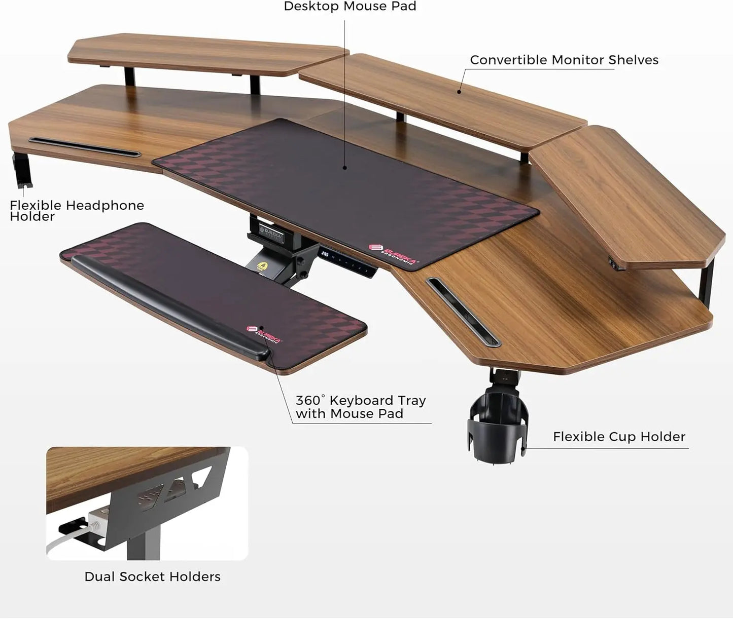 Standing Desk Adjustable Height, Computer Desk W Keyboard Tray 72" Gaming Music Studio Desk LED Monitor Stand,Dual Motor,Slot Design,Walnut