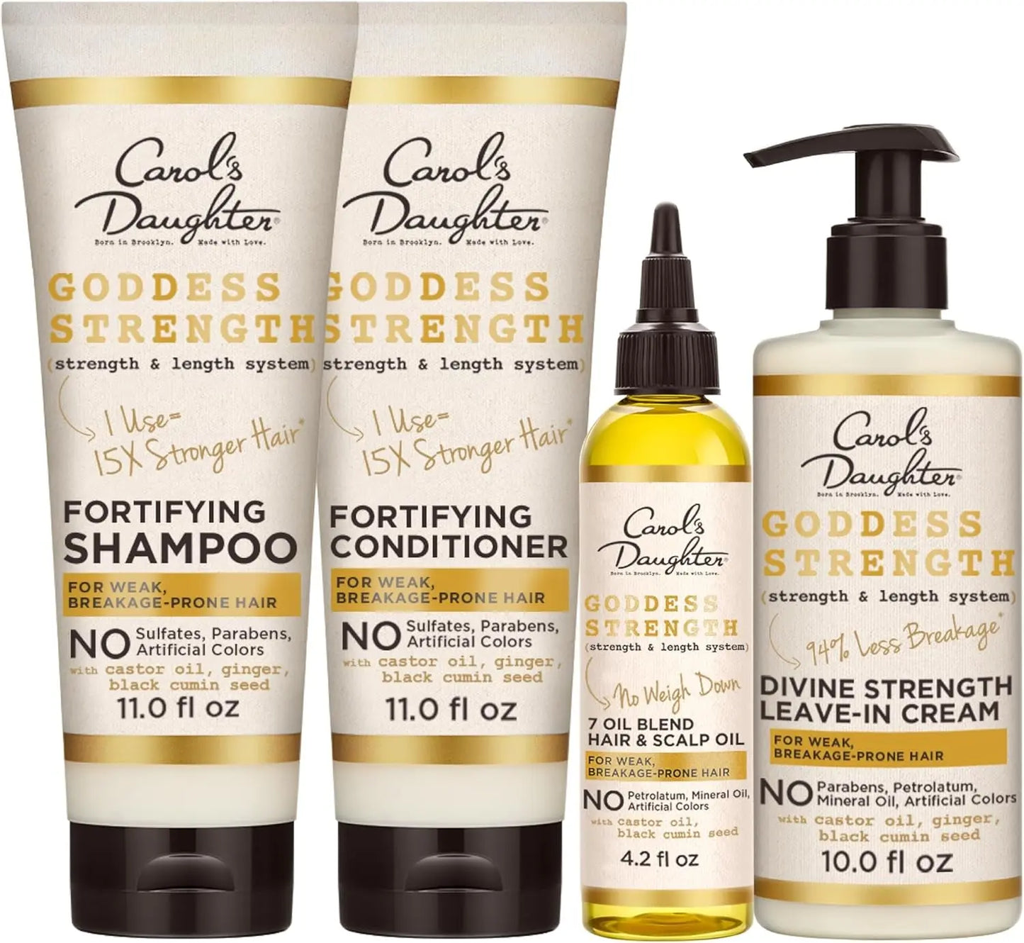 Goddess Strength Sulfate Free Shampoo, Hair Conditioner, Leave in Conditioner & Hair Treatment Oil Made with Castor Oil (4 Products)
