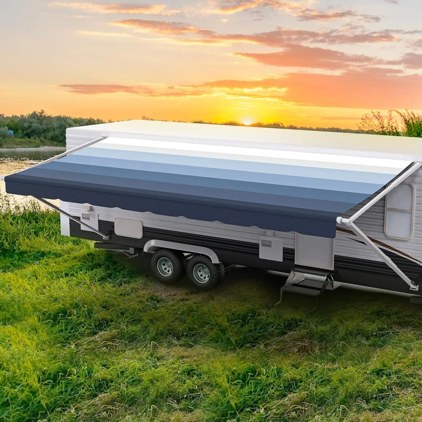 - RV Awning Fabric Replacement - Heavy Duty Weatherproof Vinyl - Universal Outdoor Canopy for Camper, Trailer, and Motorhome Awnings - Pacific Blue - 21' (Fabric 20' 2")