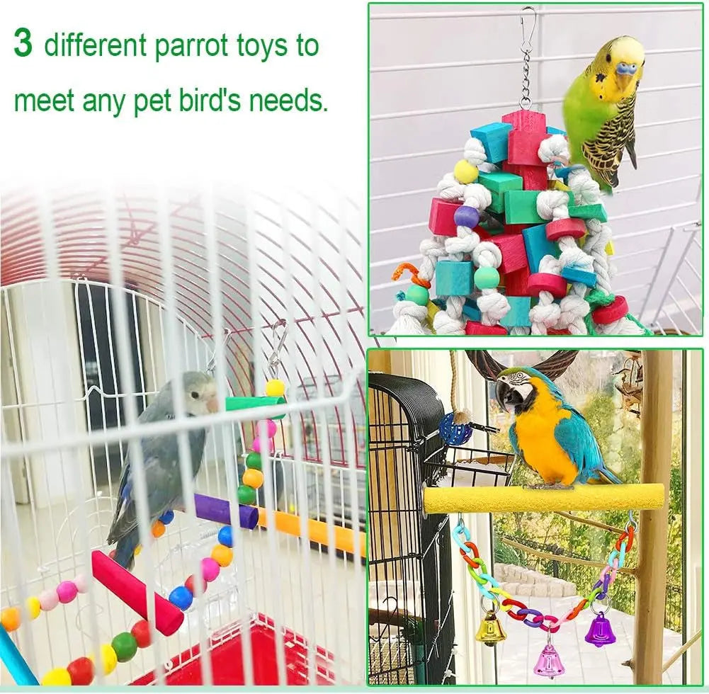 Large Bird Swing Toys, 3 PCS Parrot Toys with Bells for Small Macaws, Cockatoos, Alexandrine Parakeet, African Grey Parrot and Medium Amazon Parrots