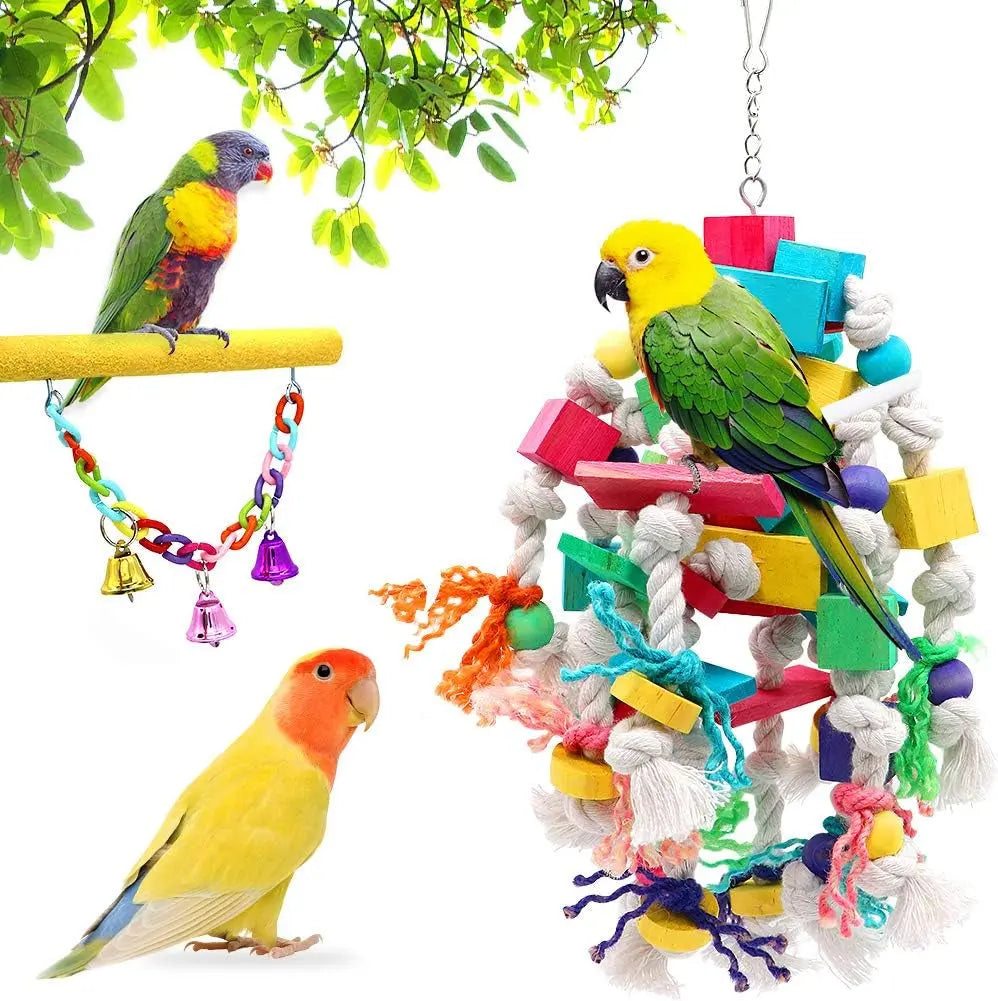 Large Bird Swing Toys, 3 PCS Parrot Toys with Bells for Small Macaws, Cockatoos, Alexandrine Parakeet, African Grey Parrot and Medium Amazon Parrots