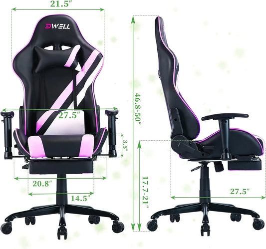 Pink Gaming Chair,Computer Chair,Gaming Chair with Footrest,Adjustable Gamer Chair with Headrest and Lumbar Support,Pu Leather Gaming Chair for Adults,Ergonomic Design