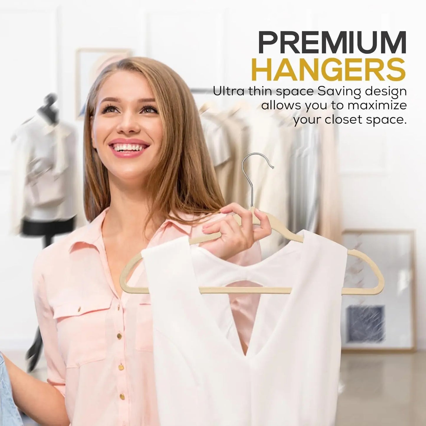 Premium Quality Velvet Hanger Set of 50 - Ultra -Thin No Slip Velvet Suit Hangers - Swivel Hooks, STRONGER than Standard Velvet Hangers - Space Saving Clothes Hangers - Ivory