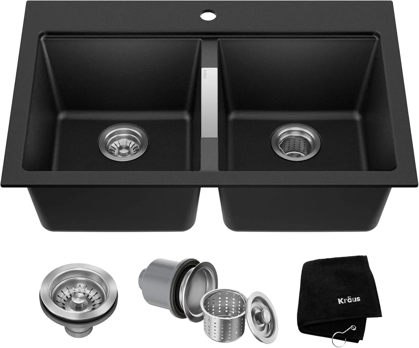 Quarza 33-Inch Drop-In/Undermount 50/50 Double Bowl Granite Kitchen Sink in Black Onyx, KGD-433B