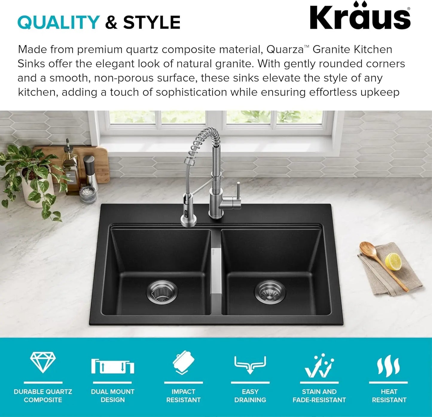 Quarza 33-Inch Drop-In/Undermount 50/50 Double Bowl Granite Kitchen Sink in Black Onyx, KGD-433B