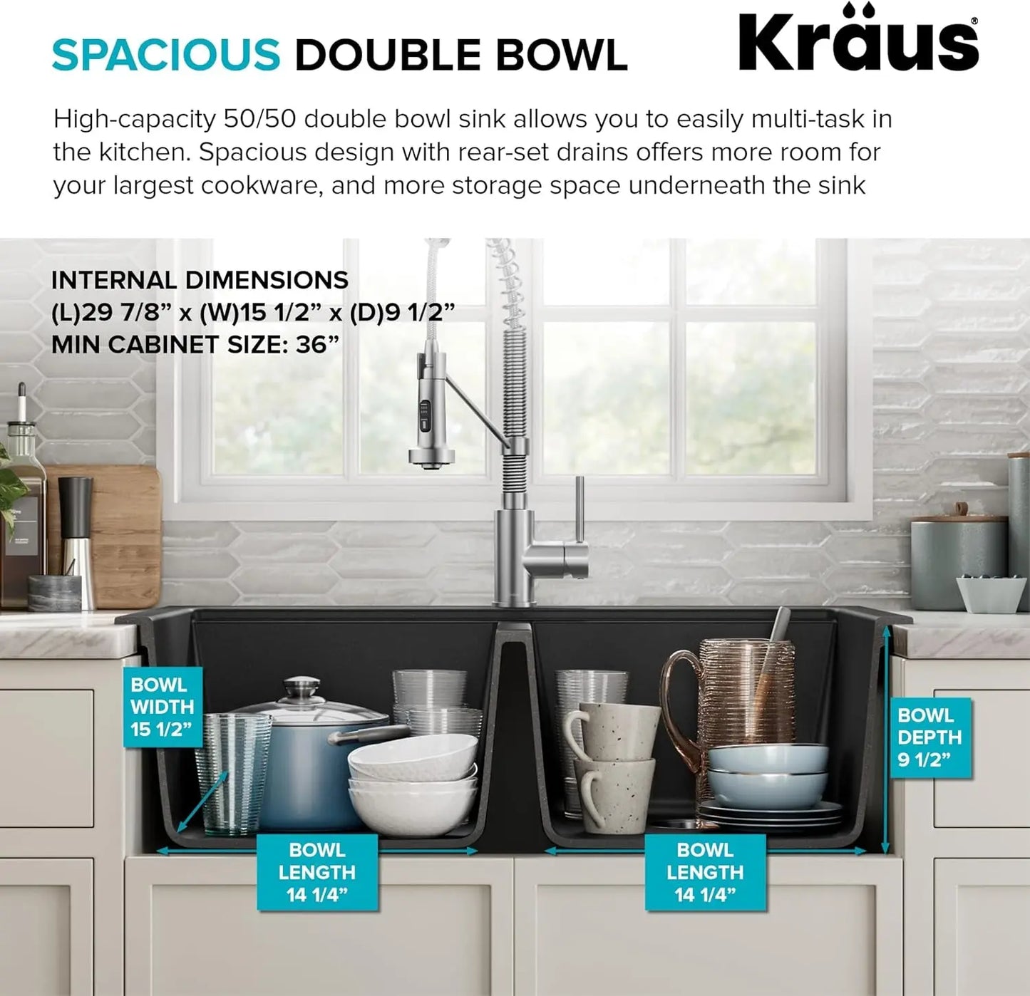 Quarza 33-Inch Drop-In/Undermount 50/50 Double Bowl Granite Kitchen Sink in Black Onyx, KGD-433B