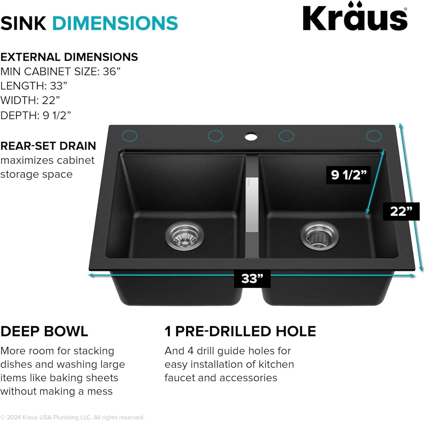 Quarza 33-Inch Drop-In/Undermount 50/50 Double Bowl Granite Kitchen Sink in Black Onyx, KGD-433B