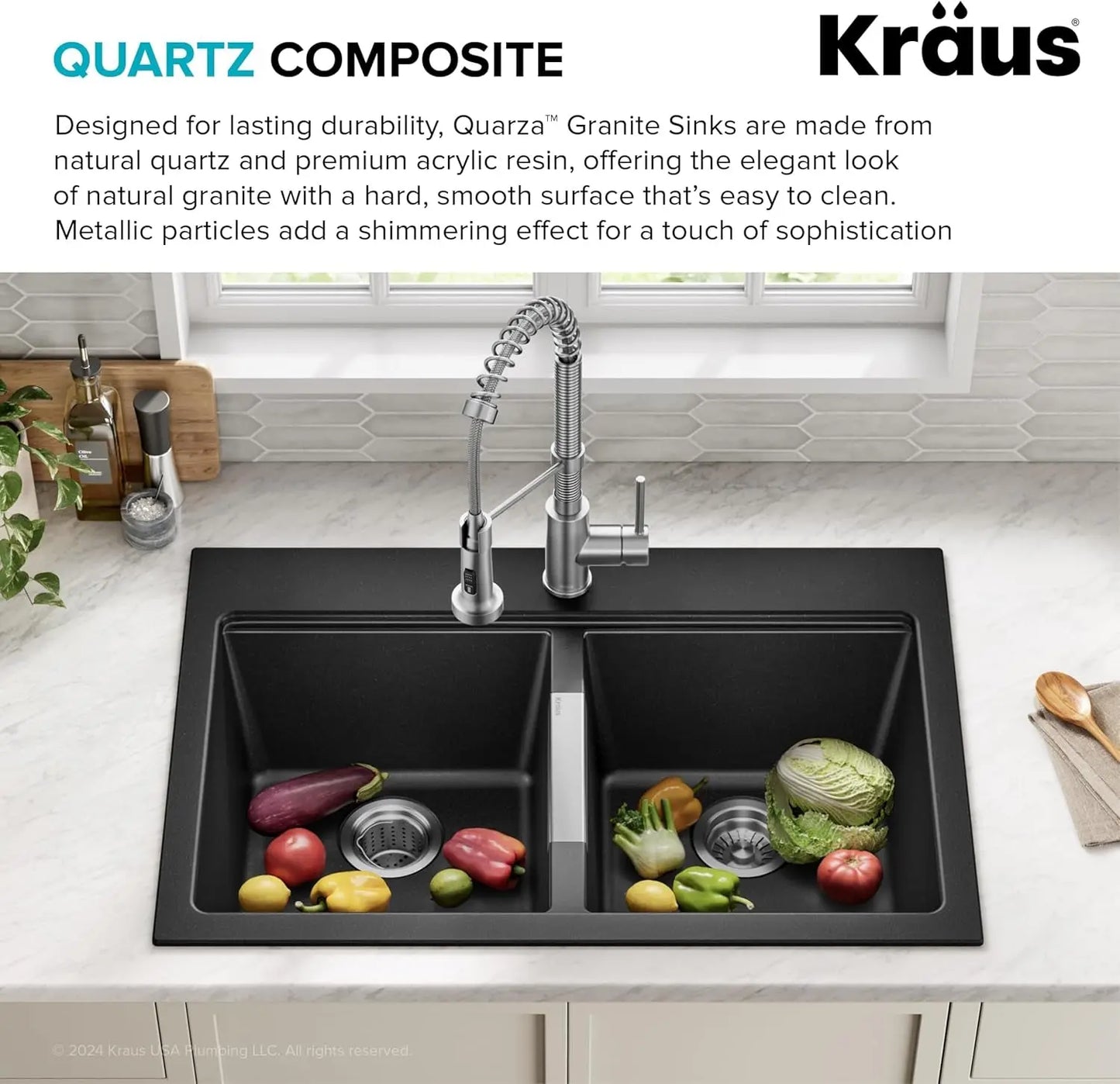 Quarza 33-Inch Drop-In/Undermount 50/50 Double Bowl Granite Kitchen Sink in Black Onyx, KGD-433B