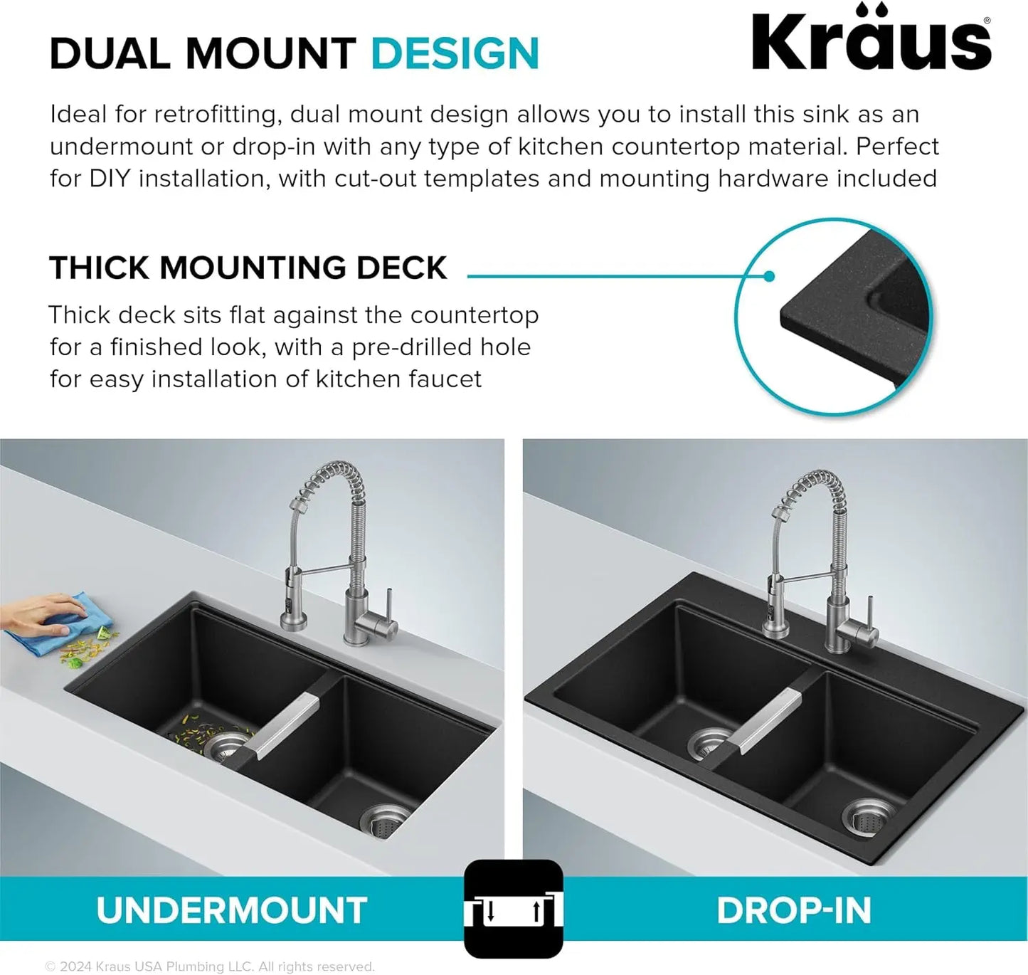 Quarza 33-Inch Drop-In/Undermount 50/50 Double Bowl Granite Kitchen Sink in Black Onyx, KGD-433B