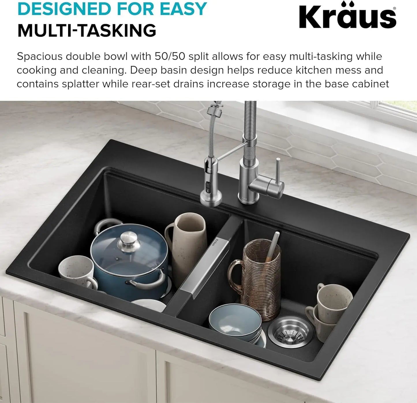 Quarza 33-Inch Drop-In/Undermount 50/50 Double Bowl Granite Kitchen Sink in Black Onyx, KGD-433B