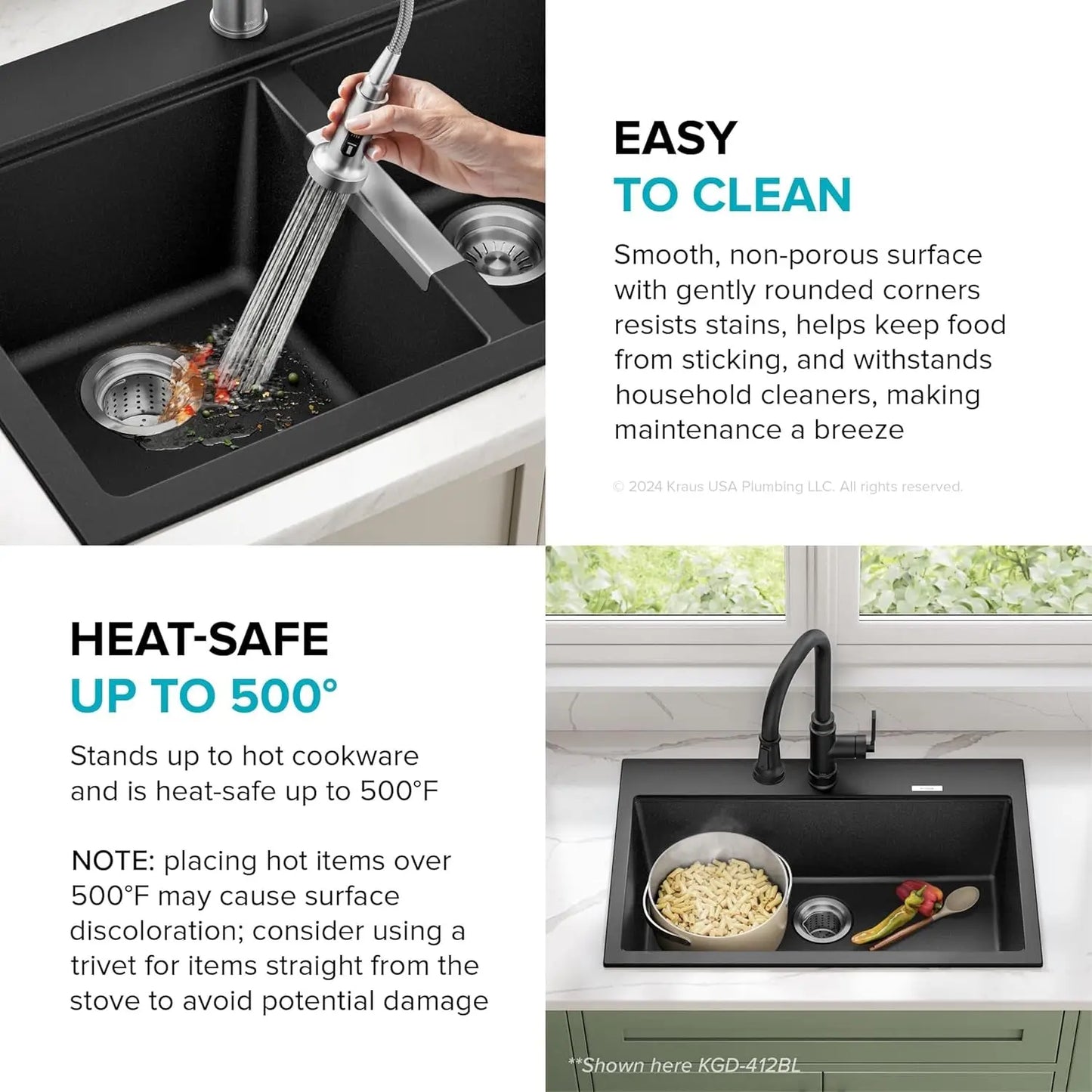 Quarza 33-Inch Drop-In/Undermount 50/50 Double Bowl Granite Kitchen Sink in Black Onyx, KGD-433B
