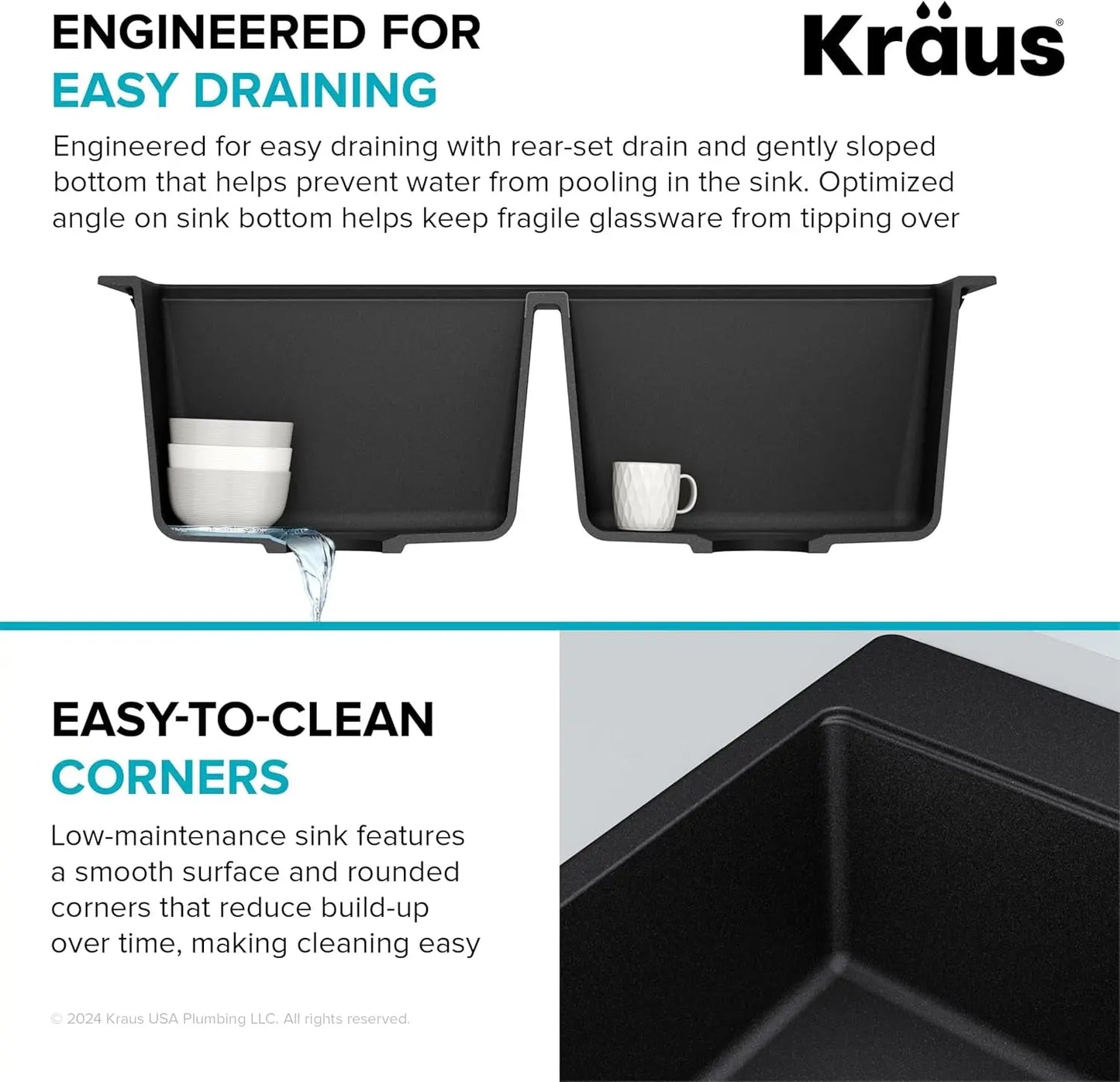 Quarza 33-Inch Drop-In/Undermount 50/50 Double Bowl Granite Kitchen Sink in Black Onyx, KGD-433B