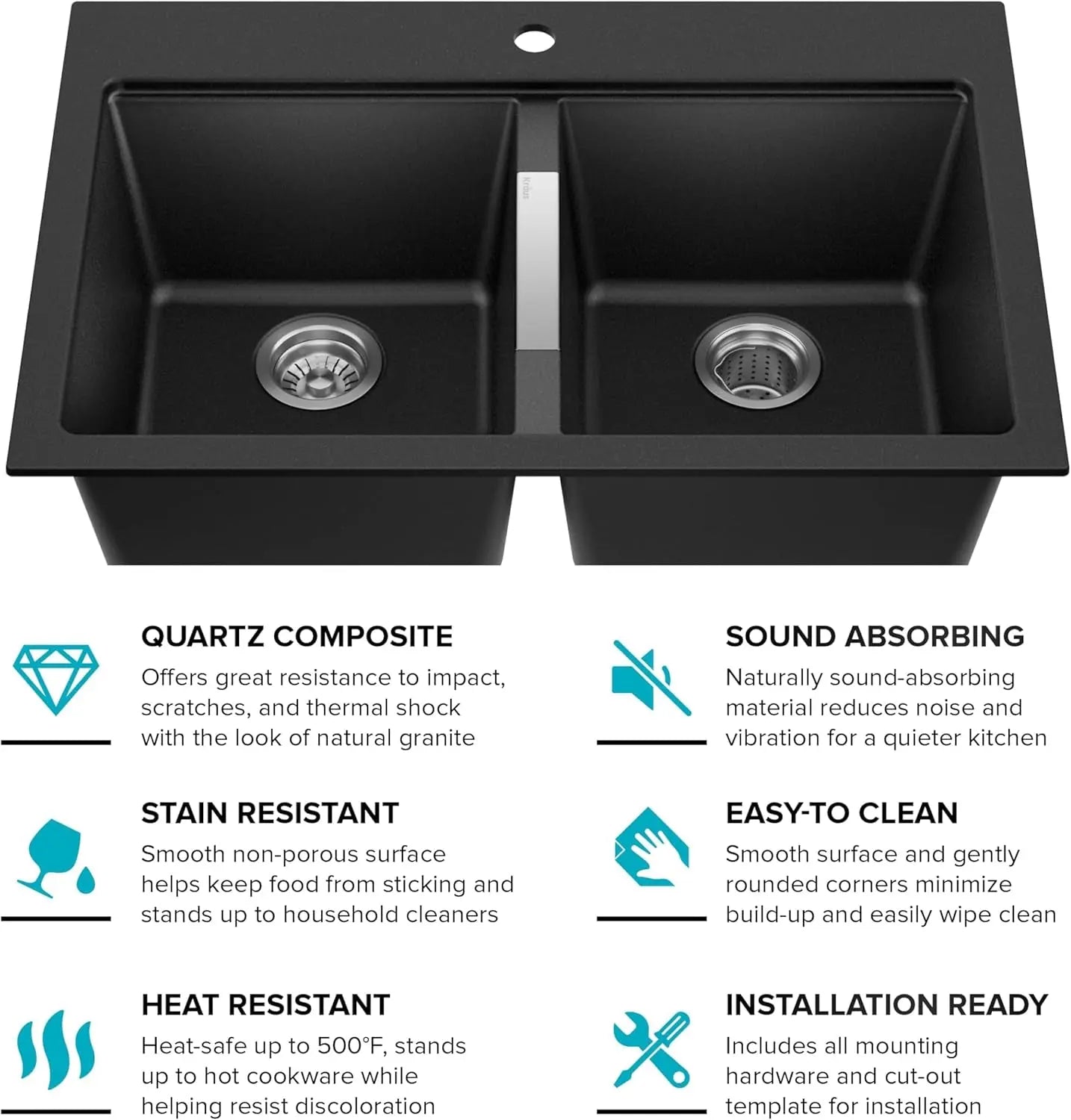 Quarza 33-Inch Drop-In/Undermount 50/50 Double Bowl Granite Kitchen Sink in Black Onyx, KGD-433B