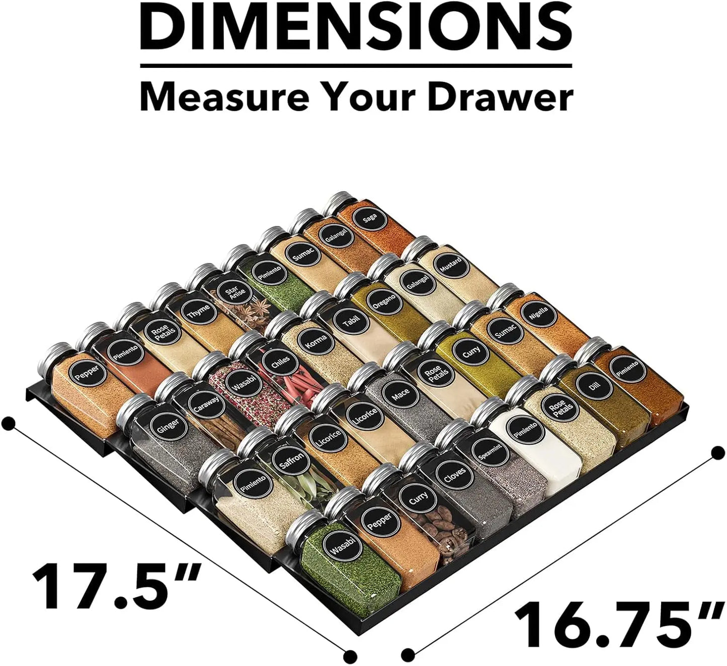 Spice Drawer Organizer with 36 Spice Jars, 386 Spice Labels, 4 Tier Seasoning Rack Tray Insert for Kitchen Drawers, 16.75" Wide X 17.5" Deep