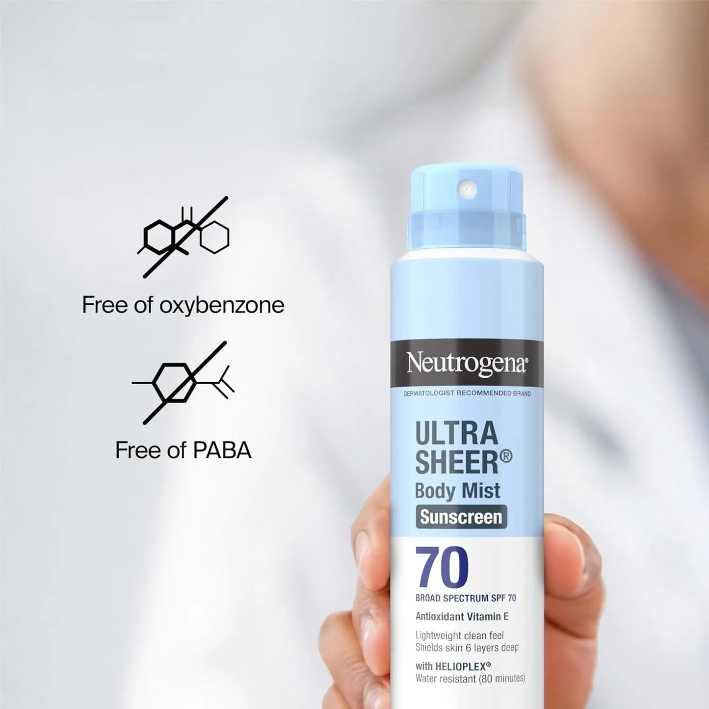 Ultra Sheer Body Mist Sunscreen Spray Broad Spectrum SPF 70, Lightweight, Non-Greasy & Water Resistant, Oil-Free & Non-Comedogenic UVA/UVB Sunscreen Mist, 5 Oz (Pack of 3)