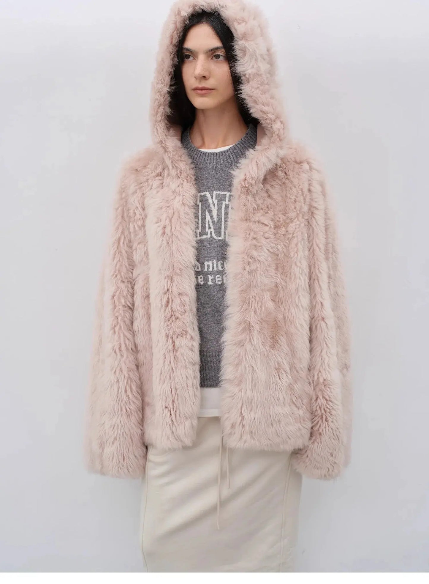 "Winter Snow" Lazy Silhouette Hooded Tuscan Curly Sheepskin Fur Coat Winter
