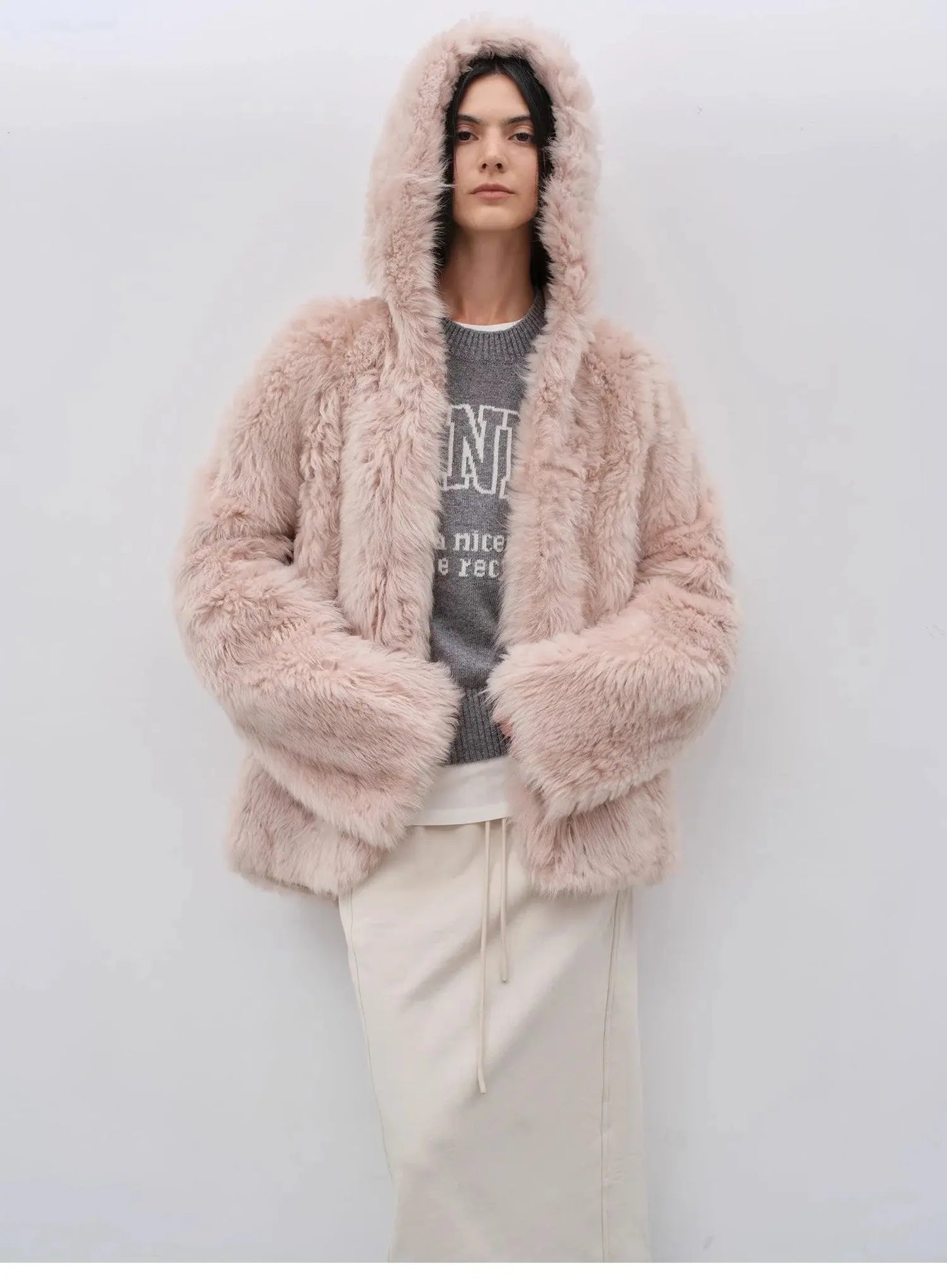 "Winter Snow" Lazy Silhouette Hooded Tuscan Curly Sheepskin Fur Coat Winter