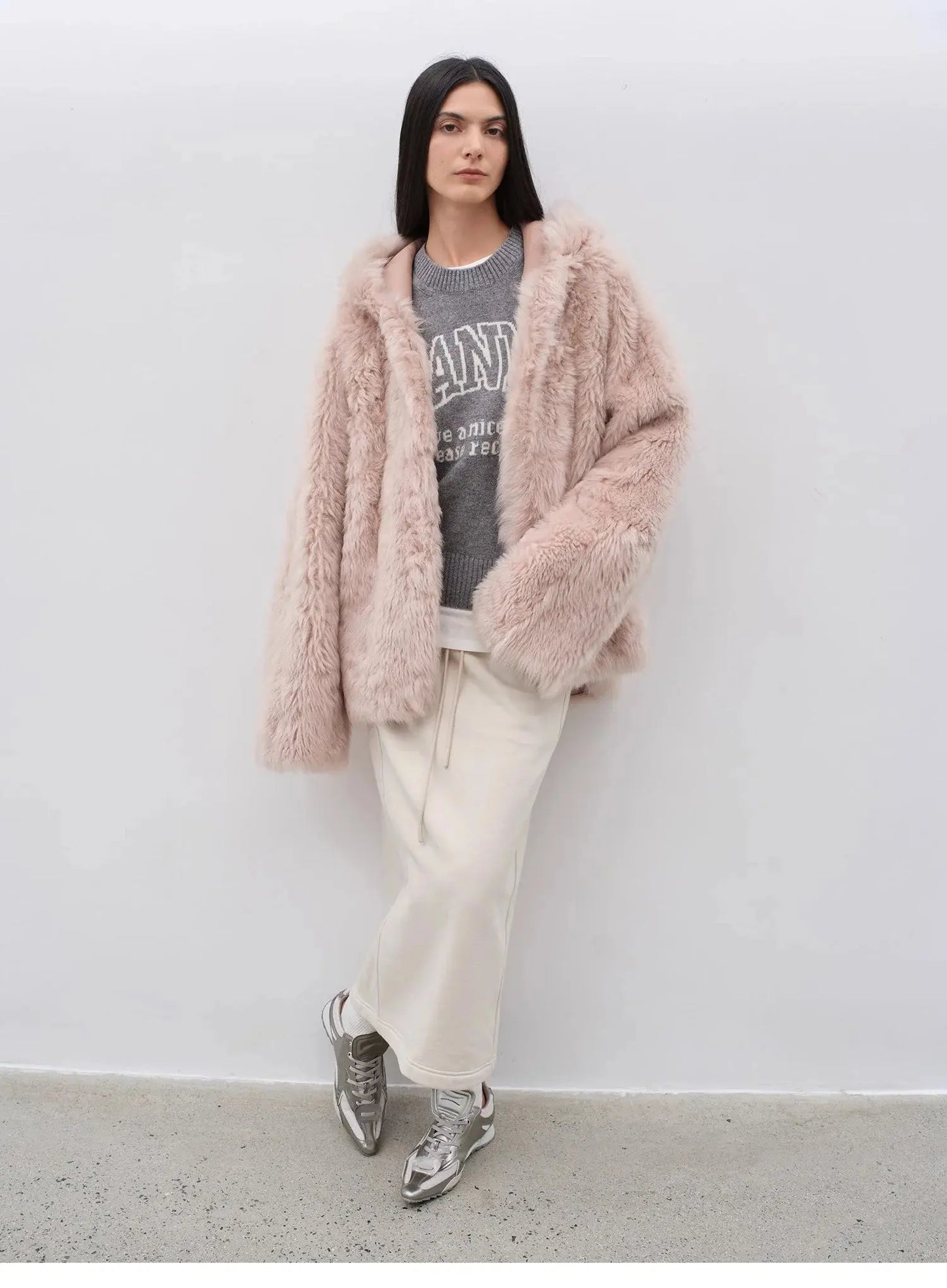 "Winter Snow" Lazy Silhouette Hooded Tuscan Curly Sheepskin Fur Coat Winter