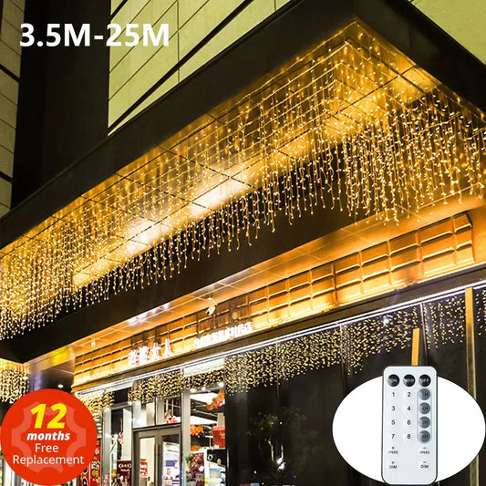3.5-40M LED Icicle String Lights Christmas Curtain Fairy Lights Garland Remote Outdoor for New Year Wedding Street Holiday Decor