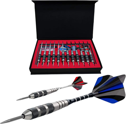 ADKX Steel Tip Darts 12 Pack Set with Nonslip Iron Barrel Aluminum Dart Shafts and Flights + Darts Sharpener + an Gift Box