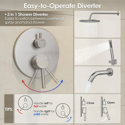 Bathtub Shower Faucet Set, Tub Shower System with 3-Way Shower Valve, High Pressure 10" Rain Shower Head with Handheld Spray Combo, Wall Mounted Rainfall Shower Head Set, Brushed Nickel
