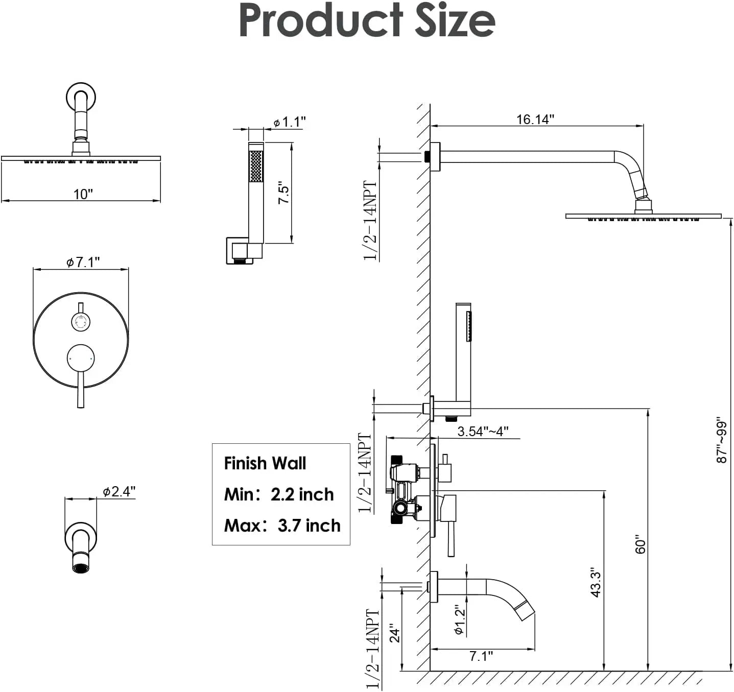 Bathtub Shower Faucet Set, Tub Shower System with 3-Way Shower Valve, High Pressure 10" Rain Shower Head with Handheld Spray Combo, Wall Mounted Rainfall Shower Head Set, Brushed Nickel
