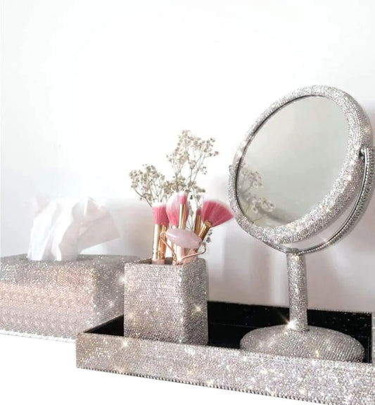 Bling Vanity Must-Have Essentials 4-Piece Set – Rhinestone Makeup Brush Holder, Magnifying Mirror, Jewelry Organizer Tray, Tissue Box Holder, Glamorous Desk Organizer for Luxury Home Decor