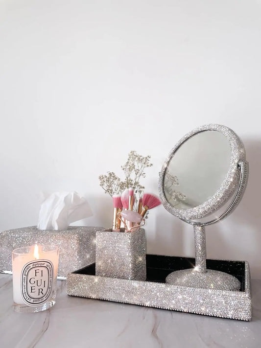 Bling Vanity Must-Have Essentials 4-Piece Set – Rhinestone Makeup Brush Holder, Magnifying Mirror, Jewelry Organizer Tray, Tissue Box Holder, Glamorous Desk Organizer for Luxury Home Decor