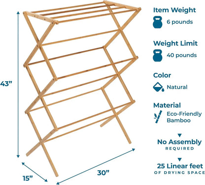 Collapsible Clothes Drying Rack, Bamboo, Natural, 40 Lbs