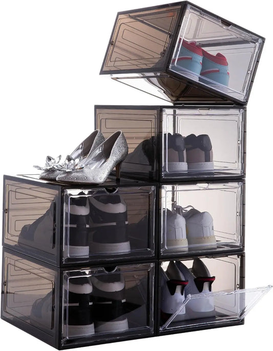 Drop Front Shoe Box,Set of 6,Stackable Plastic Box with Clear Door,As Storage and Box,For Display Sneakers,Easy Assembly,Fit up to US Size 12,Black