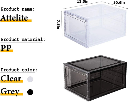 Drop Front Shoe Box,Set of 6,Stackable Plastic Box with Clear Door,As Storage and Box,For Display Sneakers,Easy Assembly,Fit up to US Size 12,Black