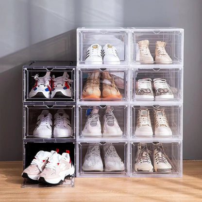 Drop Front Shoe Box,Set of 6,Stackable Plastic Box with Clear Door,As Storage and Box,For Display Sneakers,Easy Assembly,Fit up to US Size 12,Black
