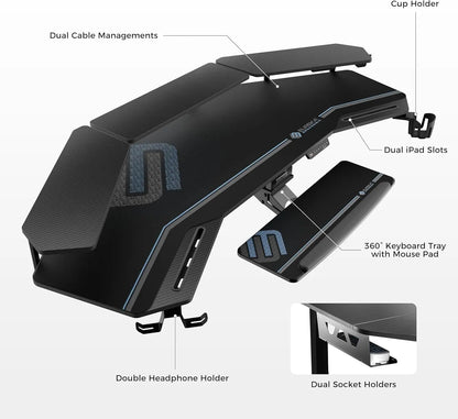 Gaming Desk, Standing Desk W Keyboard Tray, 72" Wing Shaped Music Studio Table with LED Shelves, Gaming Recording Live Stream, Slot Design