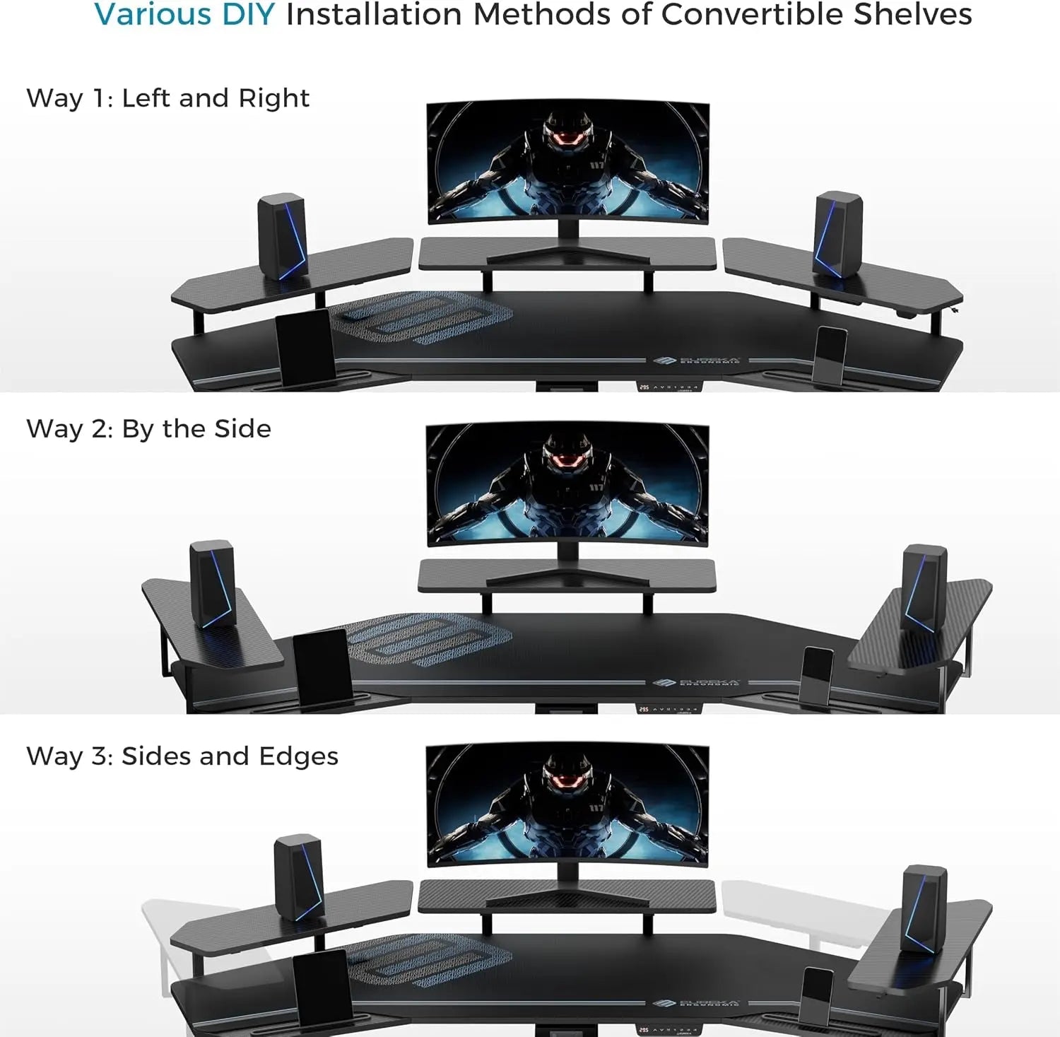 Gaming Desk, Standing Desk W Keyboard Tray, 72" Wing Shaped Music Studio Table with LED Shelves, Gaming Recording Live Stream, Slot Design