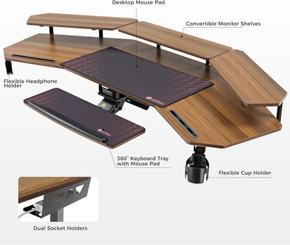Standing Desk Adjustable Height, Computer Desk W Keyboard Tray 72" Gaming Music Studio Desk LED Monitor Stand,Dual Motor,Slot Design,Walnut