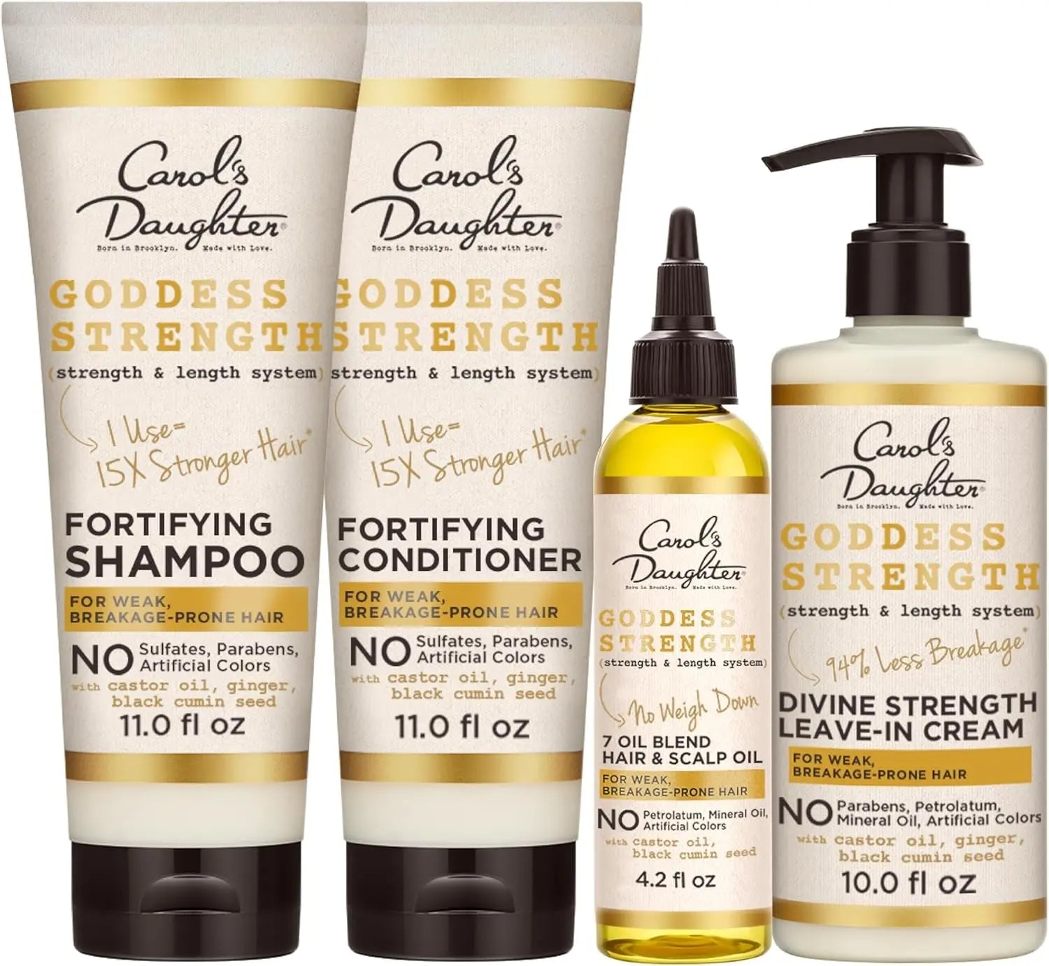 Goddess Strength Sulfate Free Shampoo, Hair Conditioner, Leave in Conditioner & Hair Treatment Oil Made with Castor Oil (4 Products)