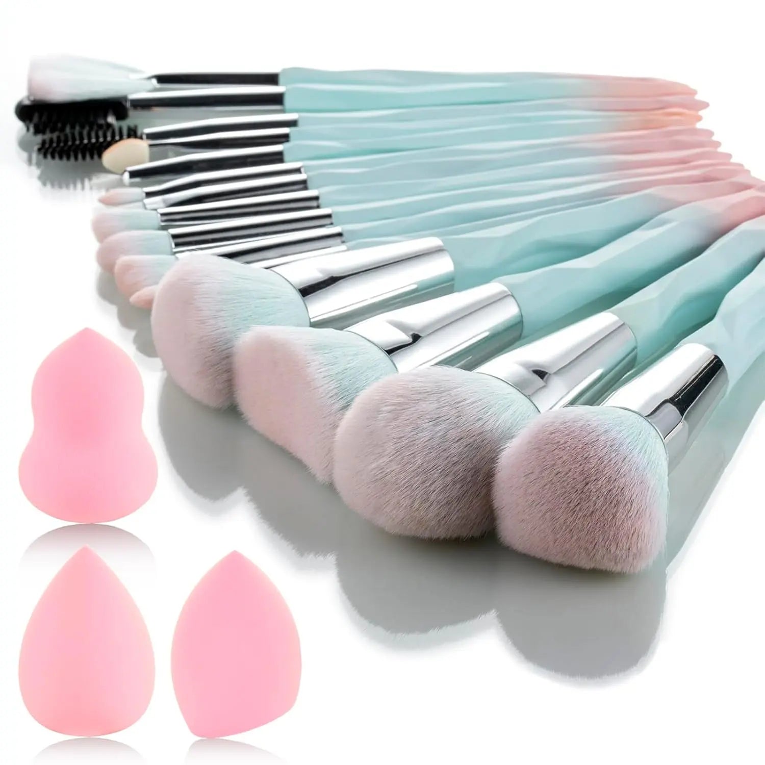 18Pcs Pink Blue Makeup Brush & Sponge Set – Soft Synthetic, Gift for Her
