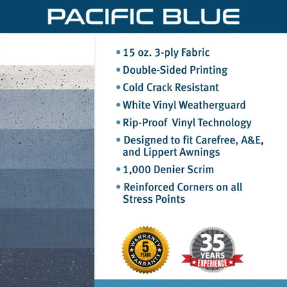 - RV Awning Fabric Replacement - Heavy Duty Weatherproof Vinyl - Universal Outdoor Canopy for Camper, Trailer, and Motorhome Awnings - Pacific Blue - 21' (Fabric 20' 2")