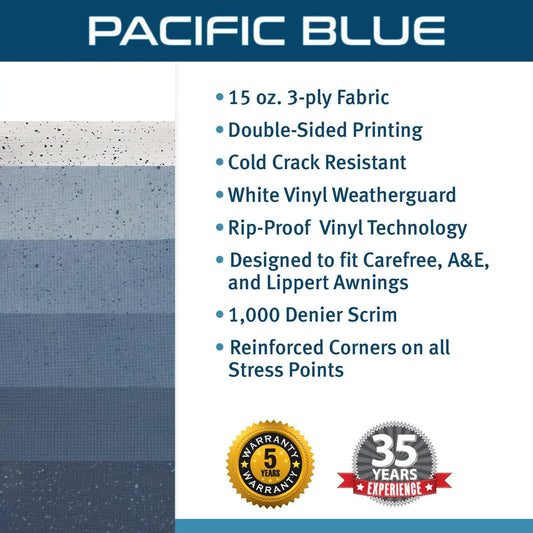 - RV Awning Fabric Replacement - Heavy Duty Weatherproof Vinyl - Universal Outdoor Canopy for Camper, Trailer, and Motorhome Awnings - Pacific Blue - 21' (Fabric 20' 2")